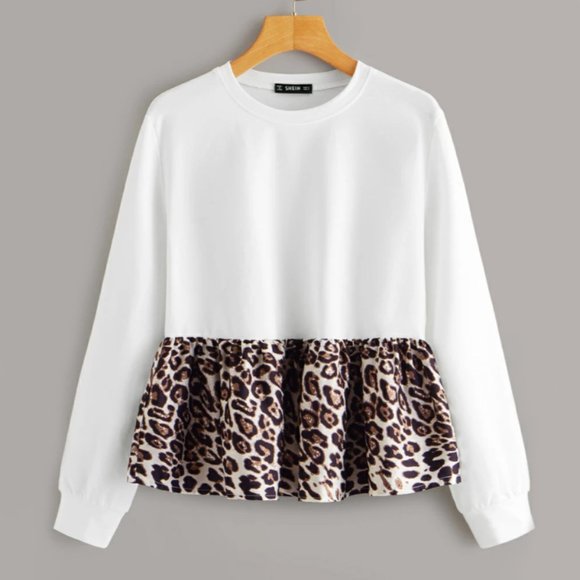 SHEIN Leopard Print Ruffle Hem Pullover Sweatshirt - Picture 1 of 10